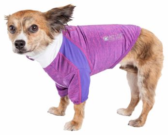 Pet Life Active 'Chewitt Wagassy' 4-Way Stretch Performance Long Sleeve Dog T-Shirt (Color: Purple)